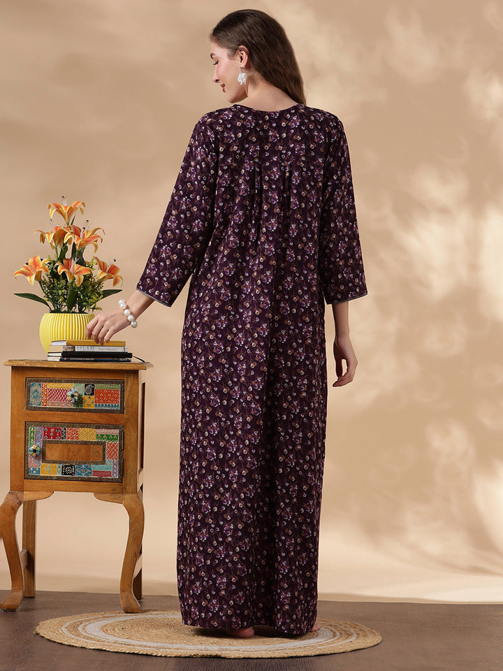 Alpine Floral Purple Embroidery Nighty For Women