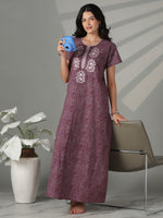 Charm Purple Floral Embroidered Pure Cotton Nighty for Women