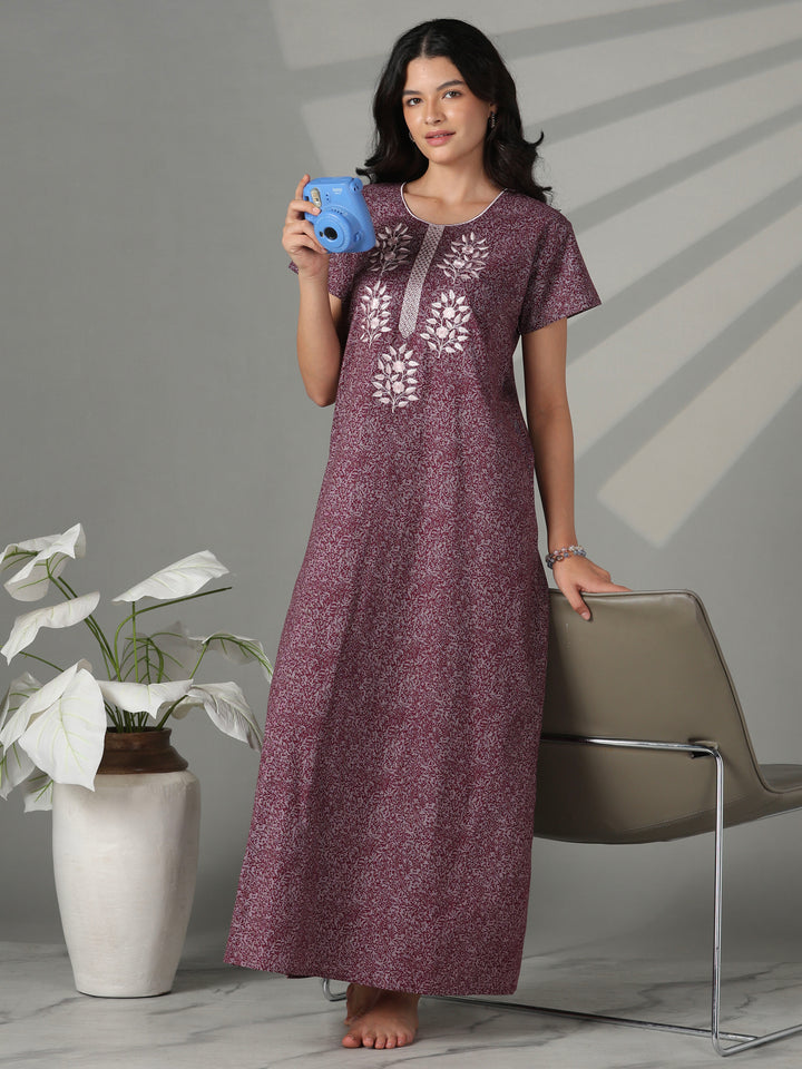 Purple floral embroidered cotton nighty for women online