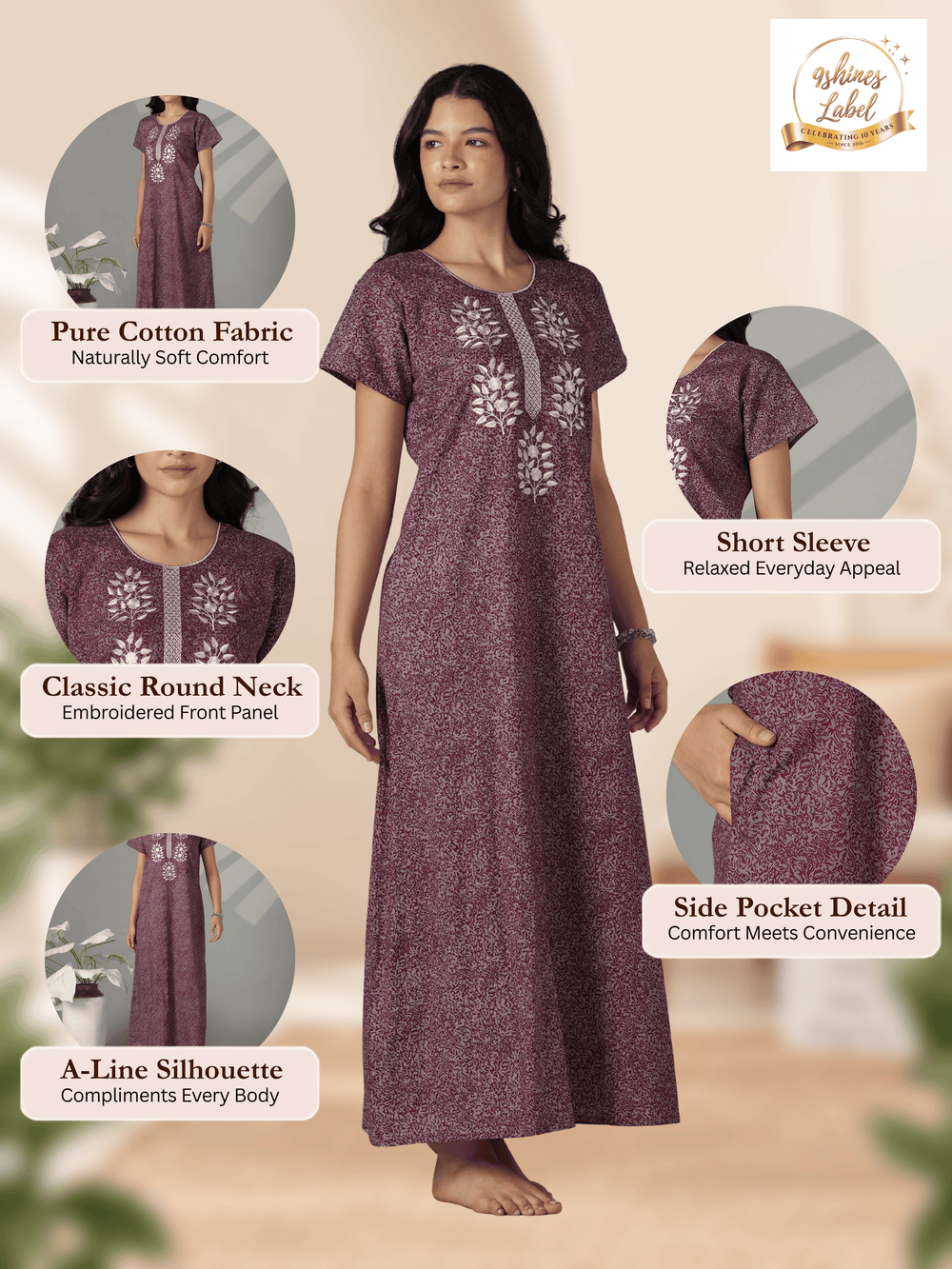 Purple floral embroidered cotton nighty for women online