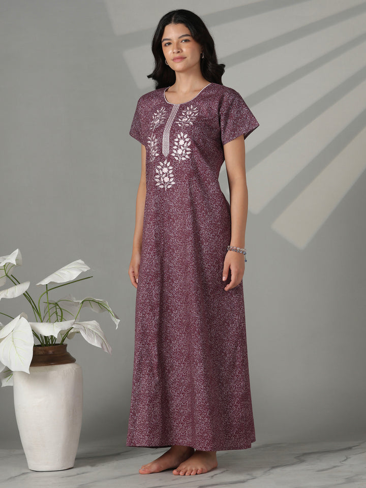 Purple floral embroidered cotton nighty for women online