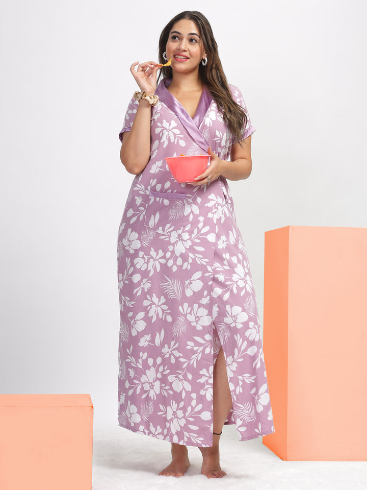 Housecoat nighty for women in leaf purple poly viscose
