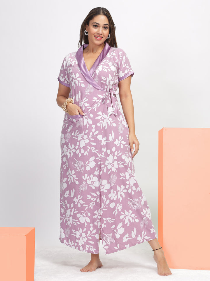 Housecoat nighty for women in leaf purple poly viscose