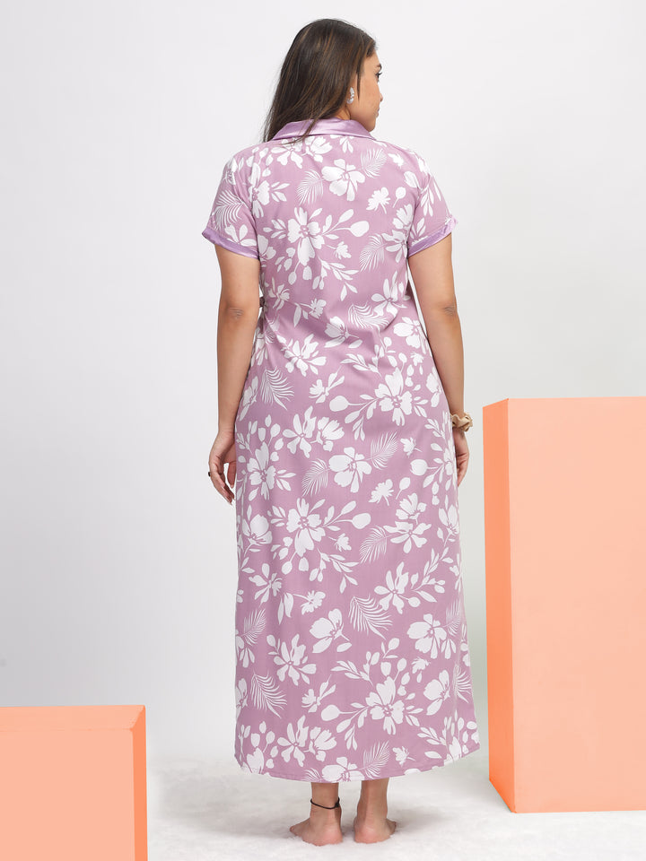 Housecoat nighty for women in leaf purple poly viscose