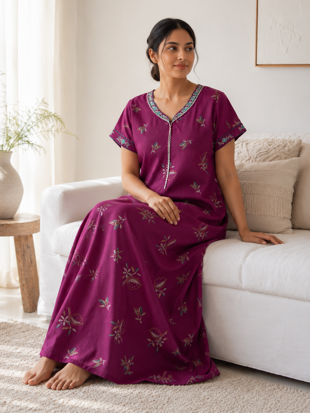 Wine printed designer alpine nighty for women featuring a premium posy print.