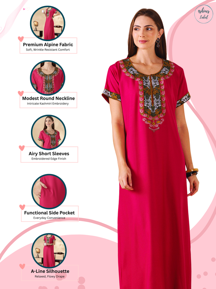 Raatrani Heritage Pink Alpine Embroidered A Line Nighty for Women
