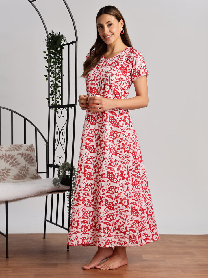 Lavishing red batik print pure cotton nighty for women