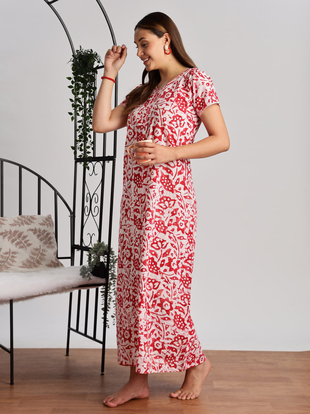 Lavishing red batik print pure cotton nighty for women