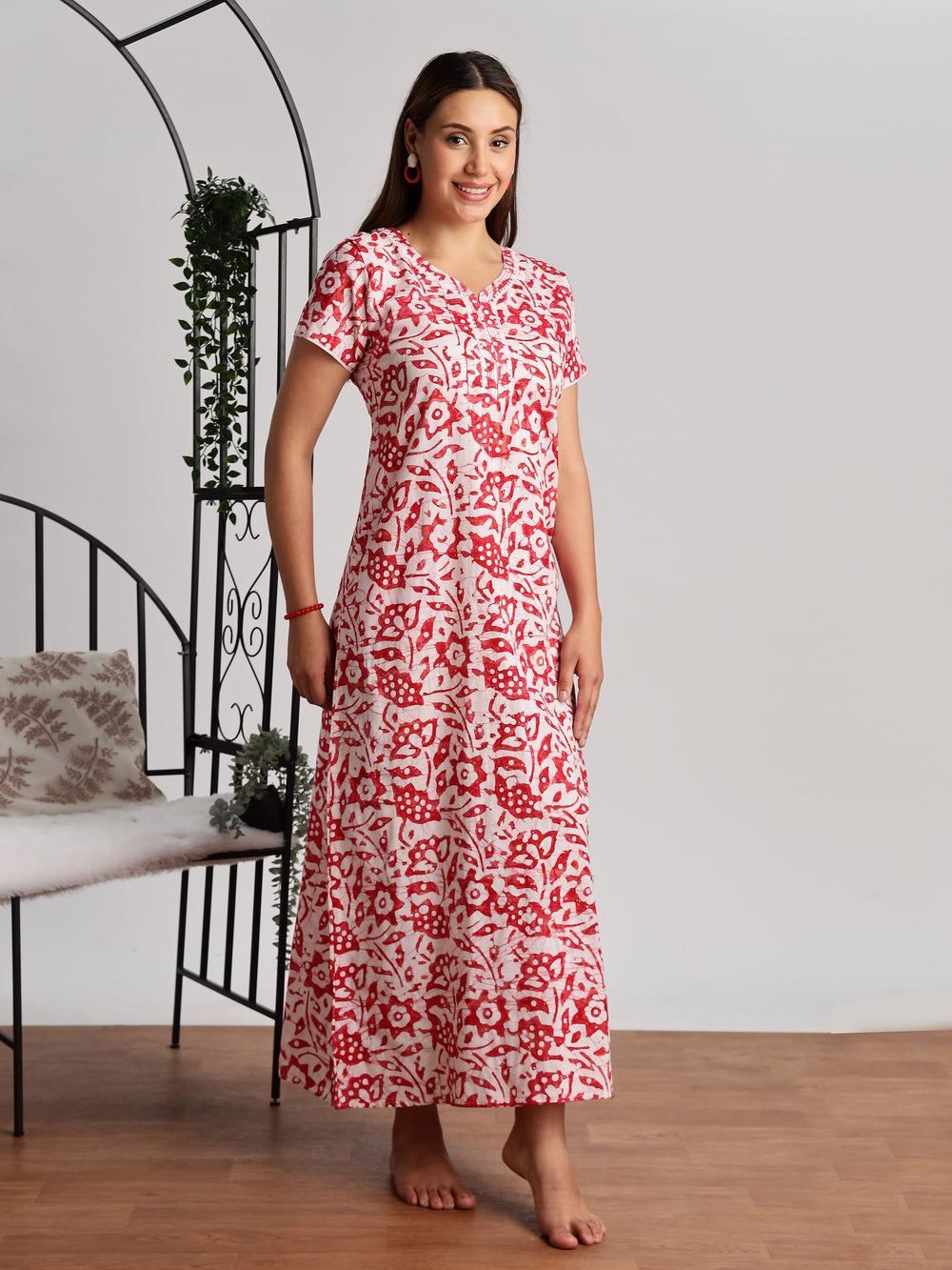 Lavishing red batik print pure cotton nighty for women