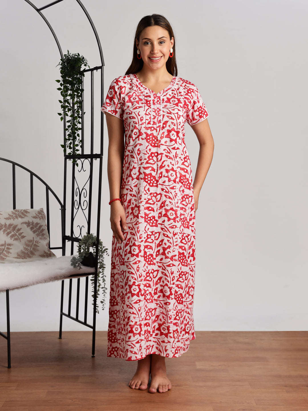 Lavishing red batik print pure cotton nighty for women