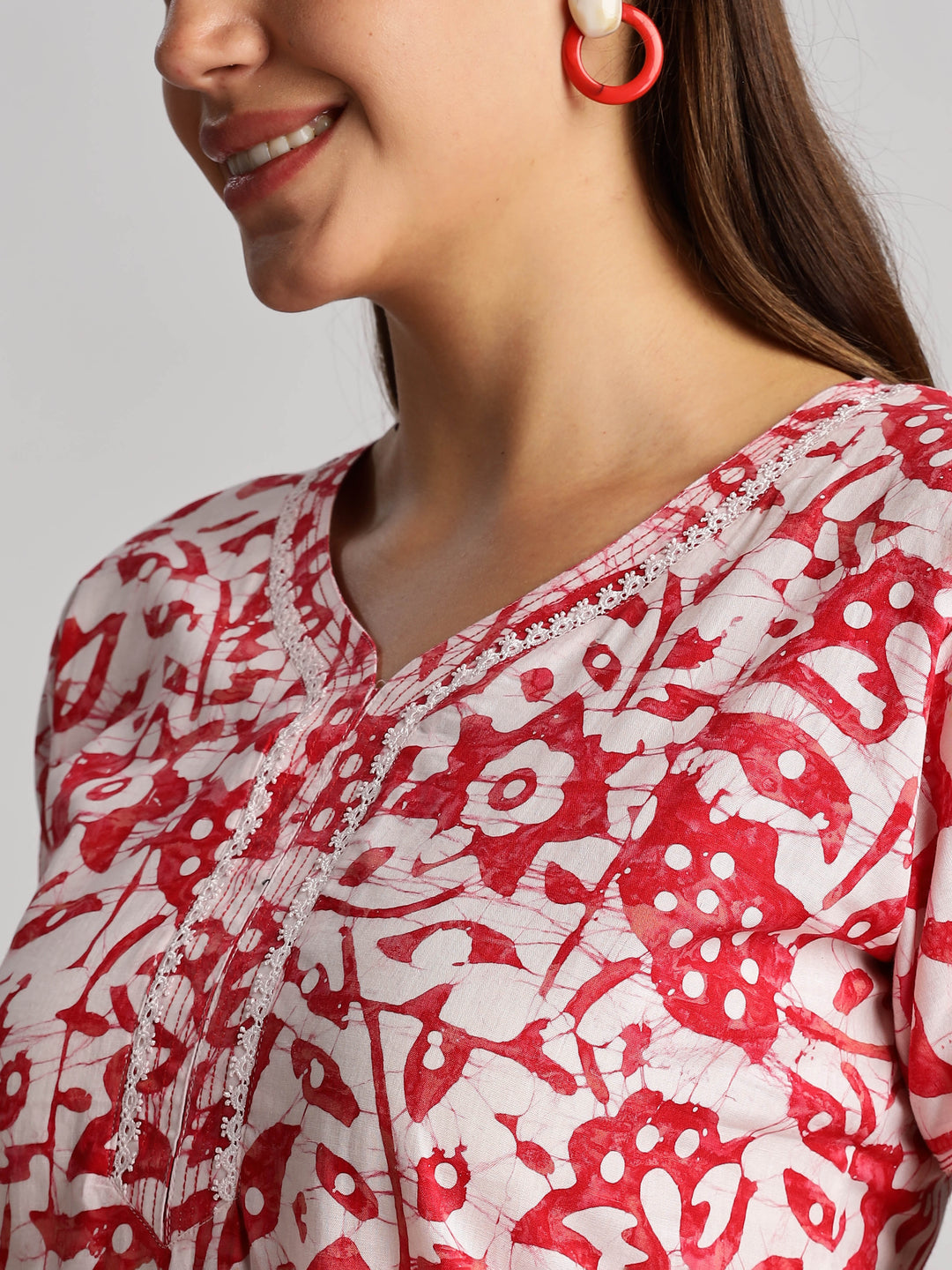 Lavishing red batik print pure cotton nighty for women