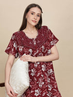 Stylish Red Floral Nightdress with Embroidered Yoke and Maxi Fit