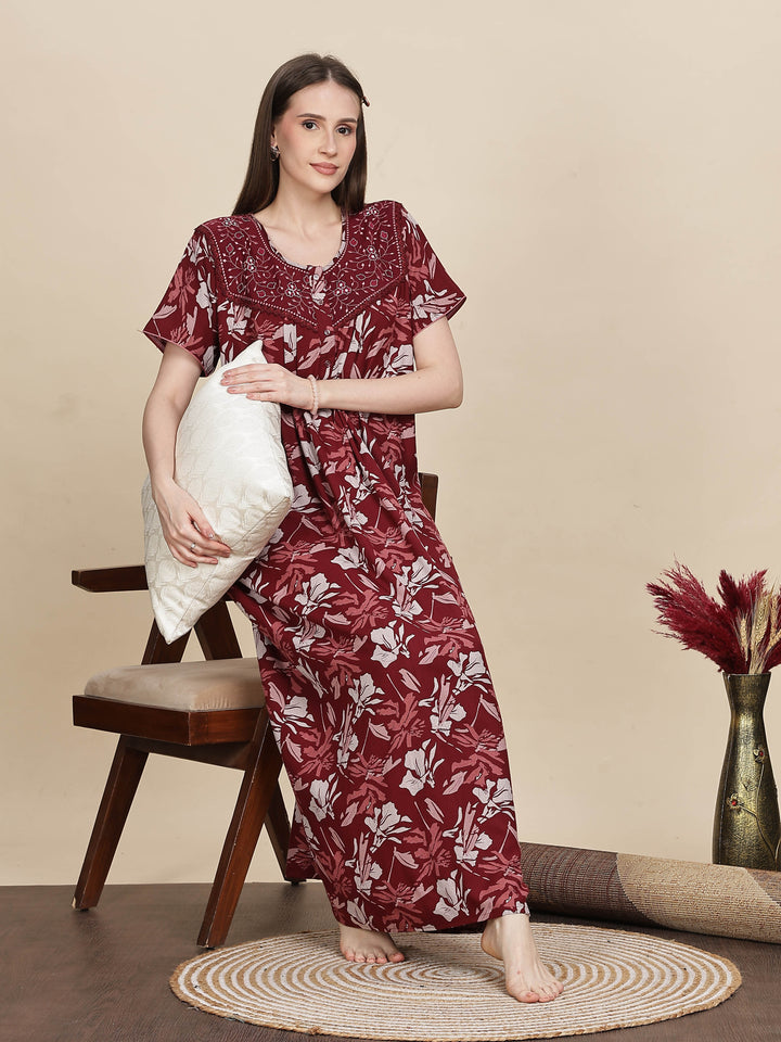 Stylish Embroidered Red Floral Nightdress For Women