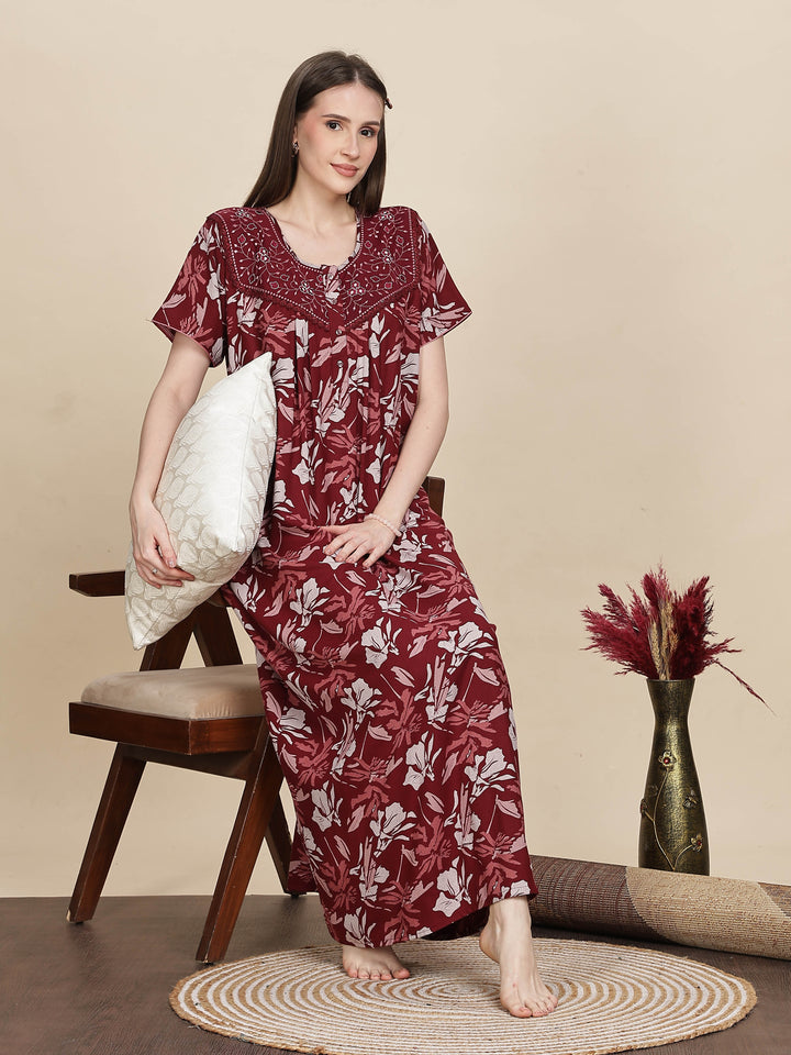 Stylish Embroidered Red Floral Nightdress For Women