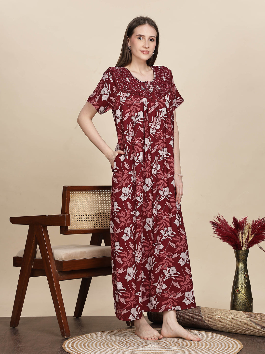 Stylish Embroidered Red Floral Nightdress For Women