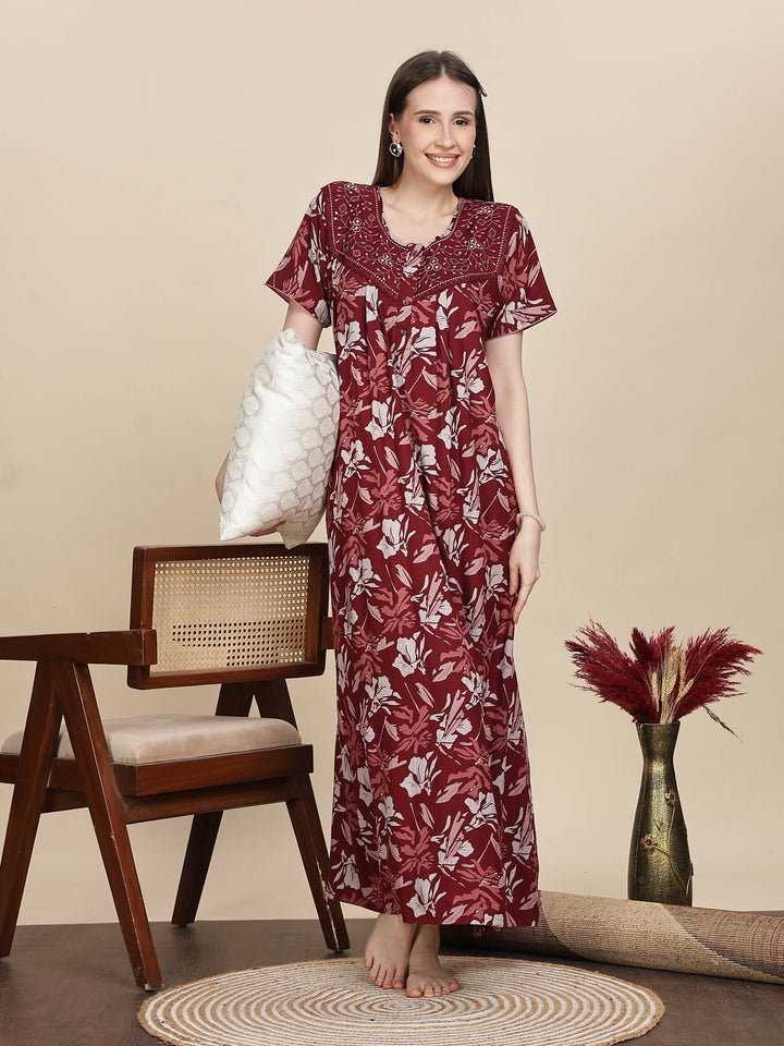Stylish Embroidered Red Floral Nightdress For Women