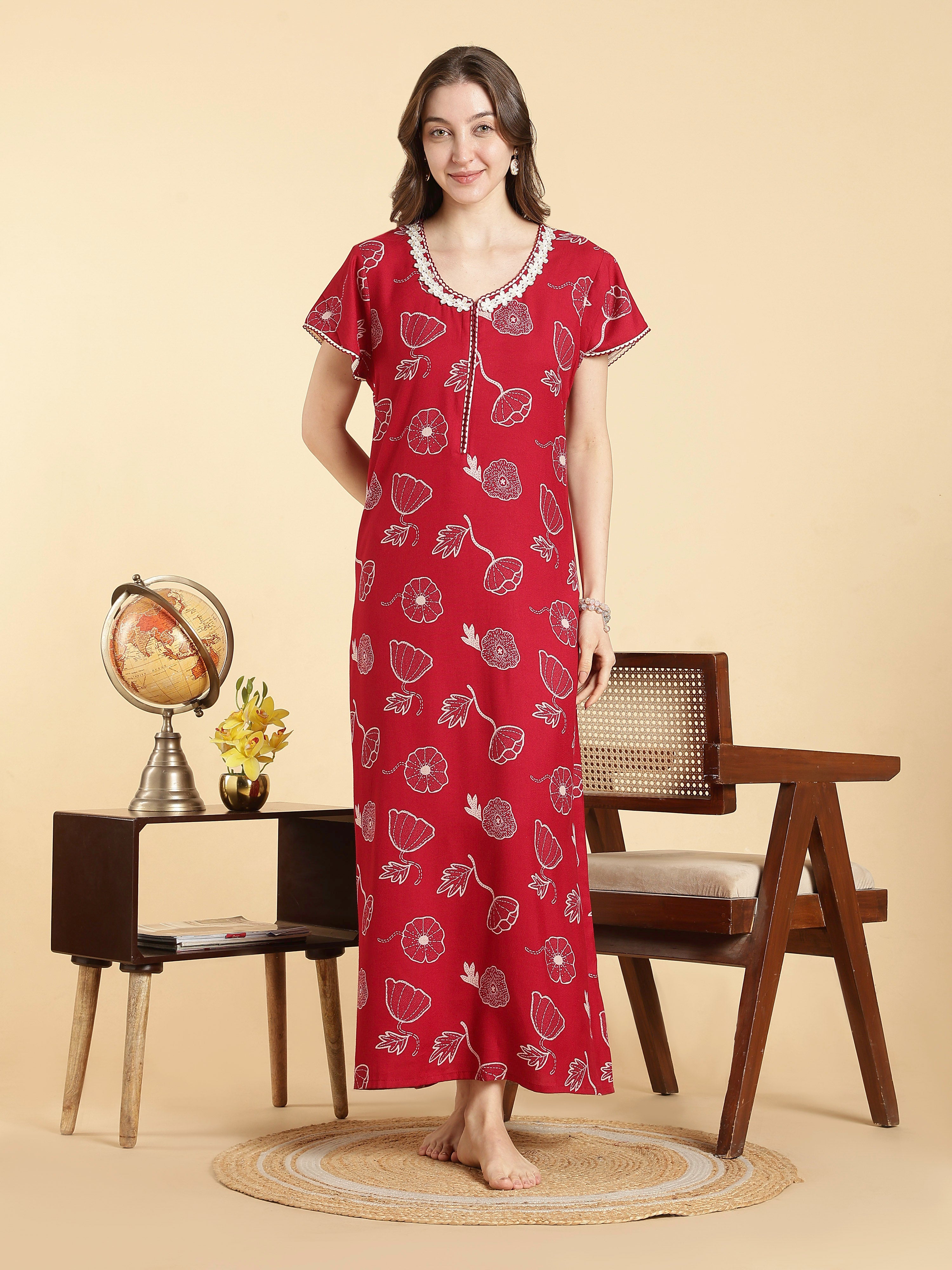 【新品未使用】Wacoal NIGHTY パジャマ CDW401 レッド Alpine Floral A Line Daisy Red Front Open Nighty For Women