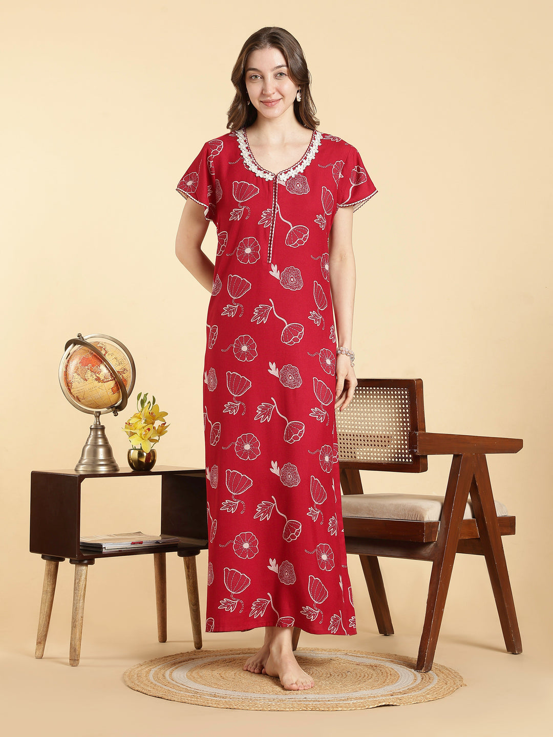 Alpine floral a line daisy red front open nighty for women