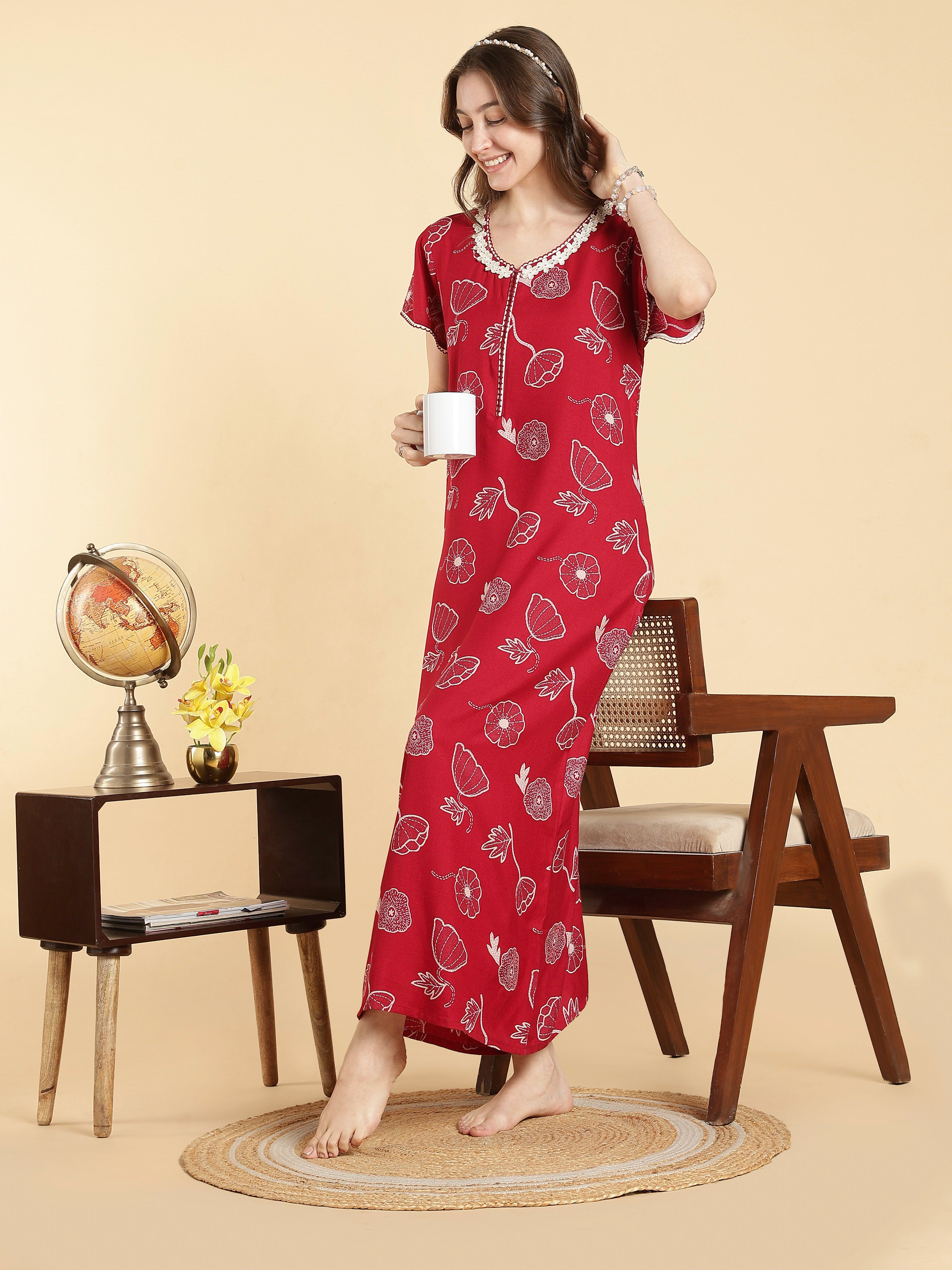 Alpine Floral A Line Daisy Red Front Open Nighty For Women