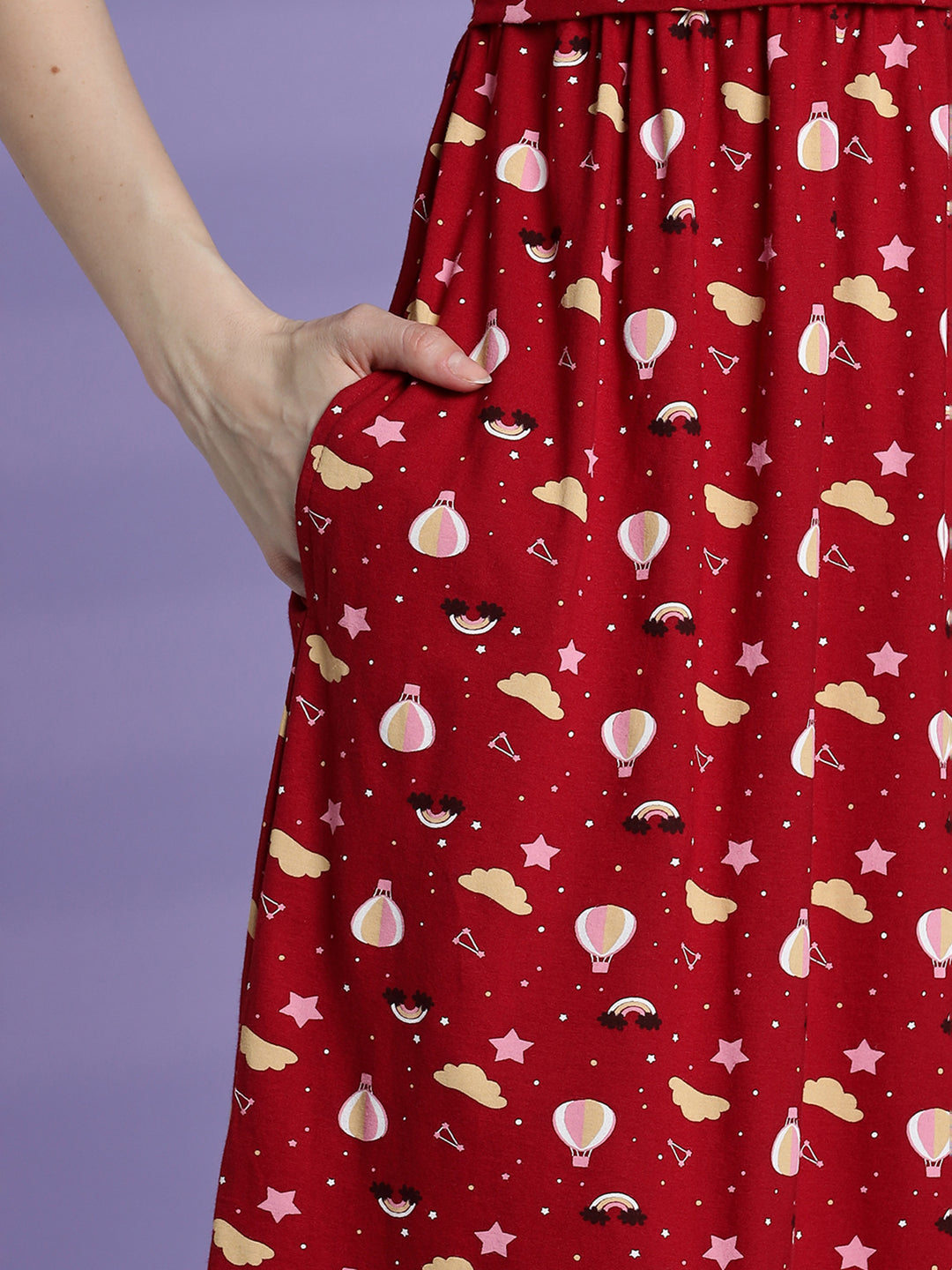 Red printed maternity and zipless feeding nighty for women