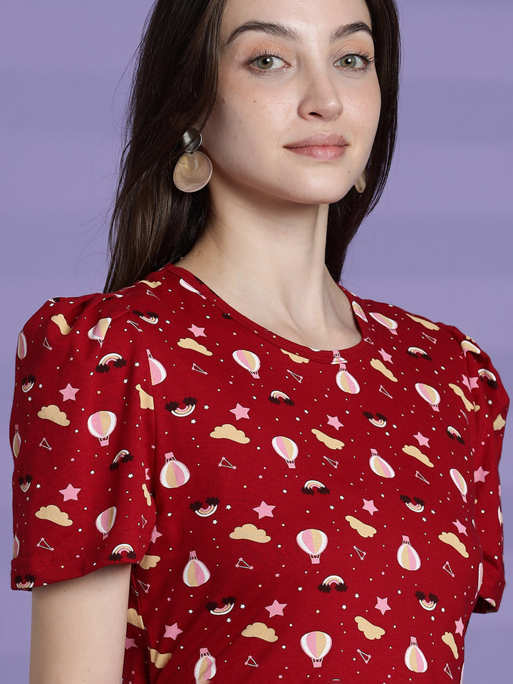 Red printed maternity and zipless feeding nighty for women