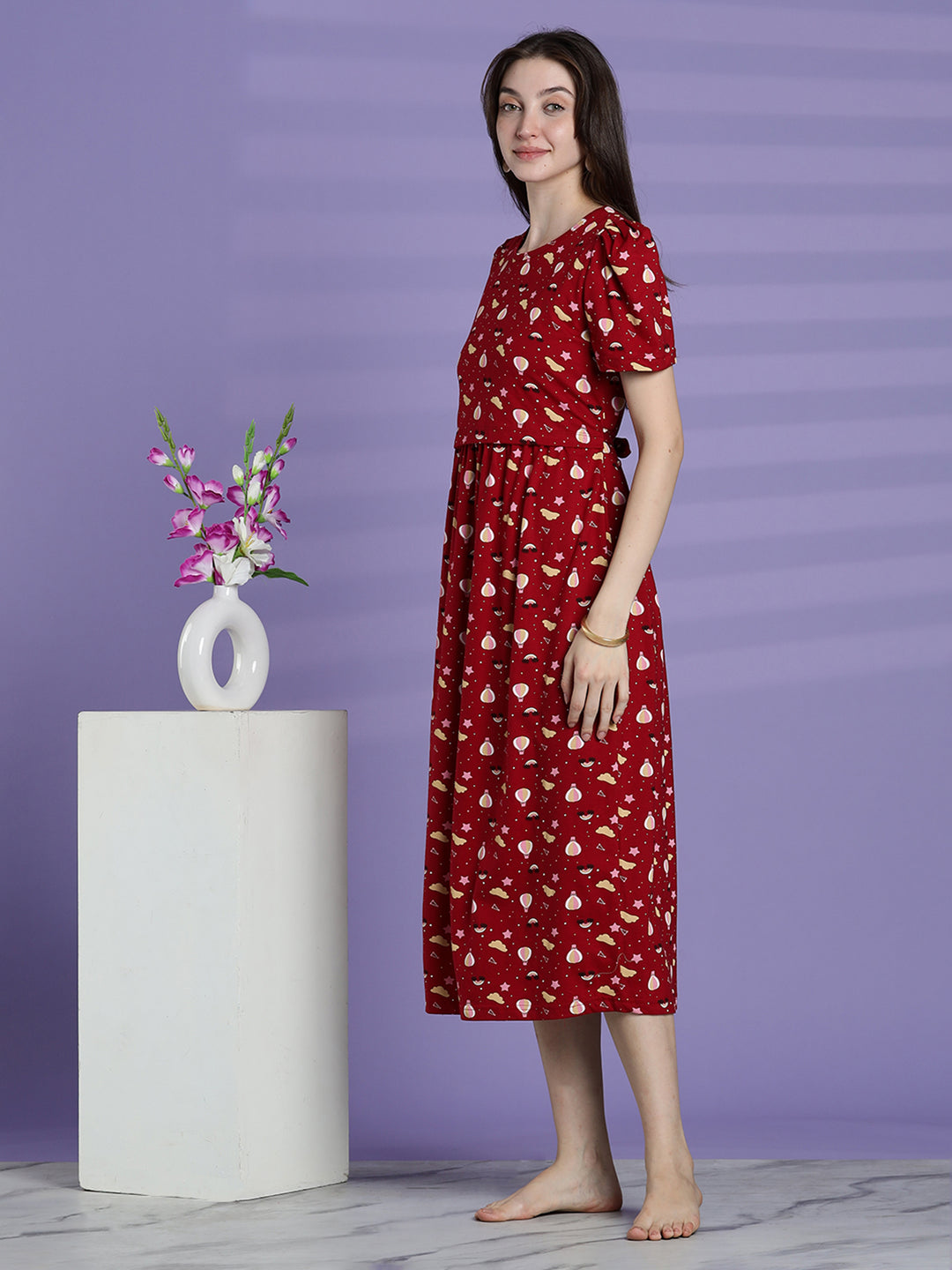 Red printed maternity and zipless feeding nighty for women
