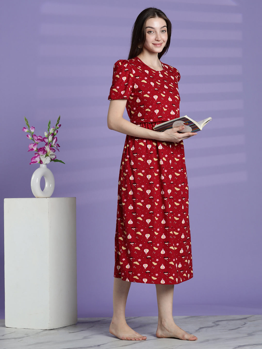 Red printed maternity and zipless feeding nighty for women