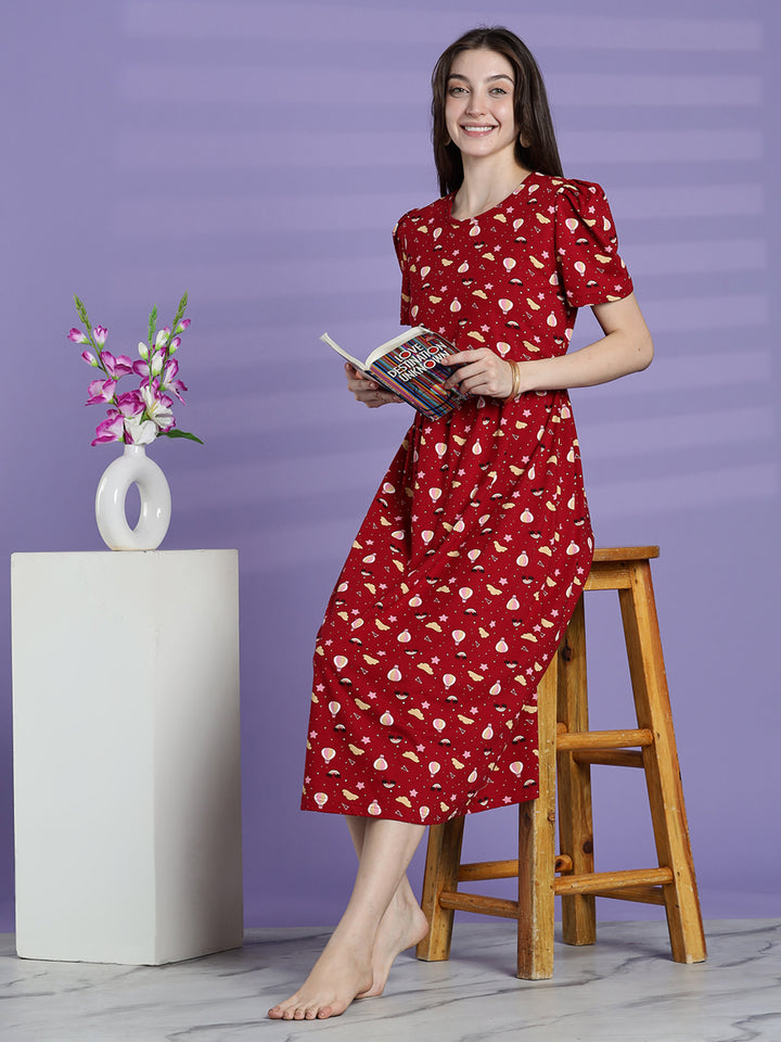 Red printed maternity and zipless feeding nighty for women