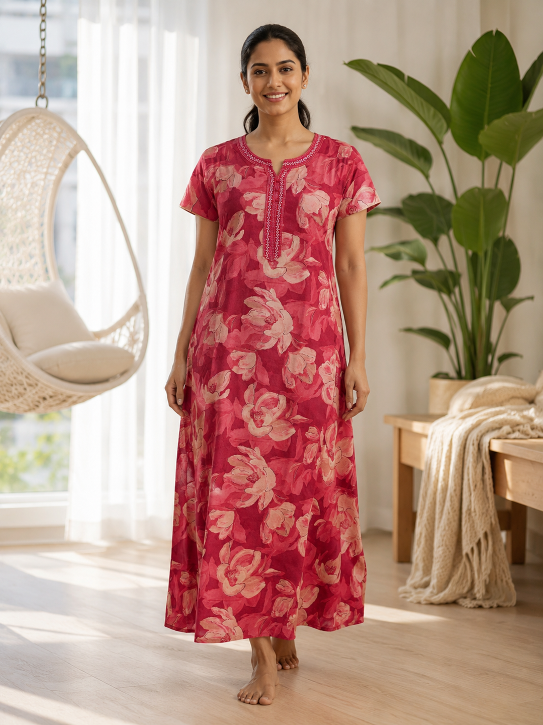 Floral night wear gown for women in premium fabric