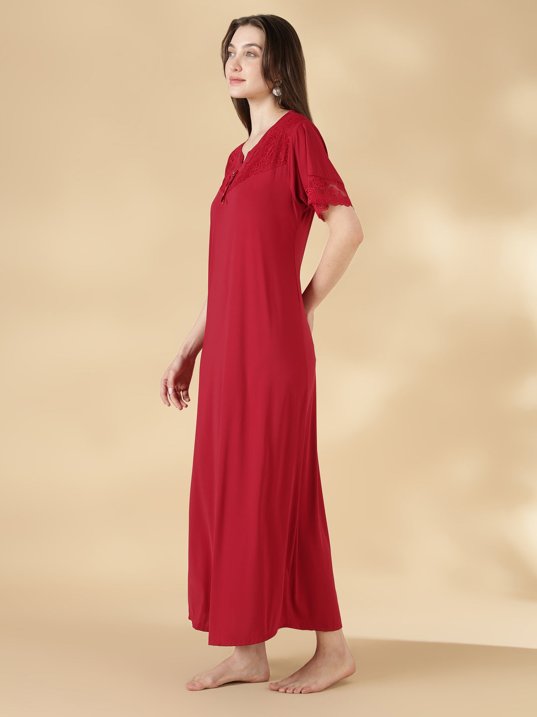 Premium malai fabric red nighty for women with lace