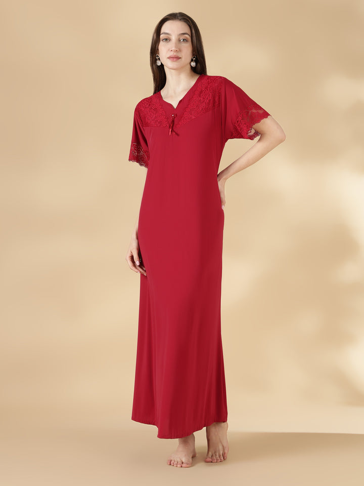 Premium malai fabric red nighty for women with lace