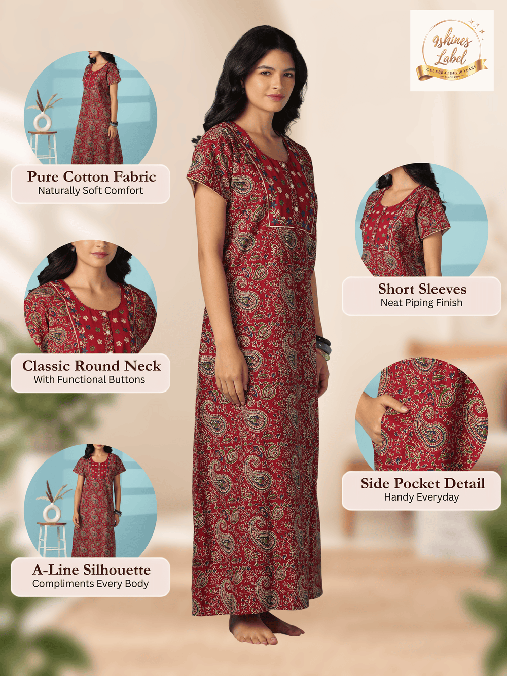 Red paisley print cotton nighty dress for women online