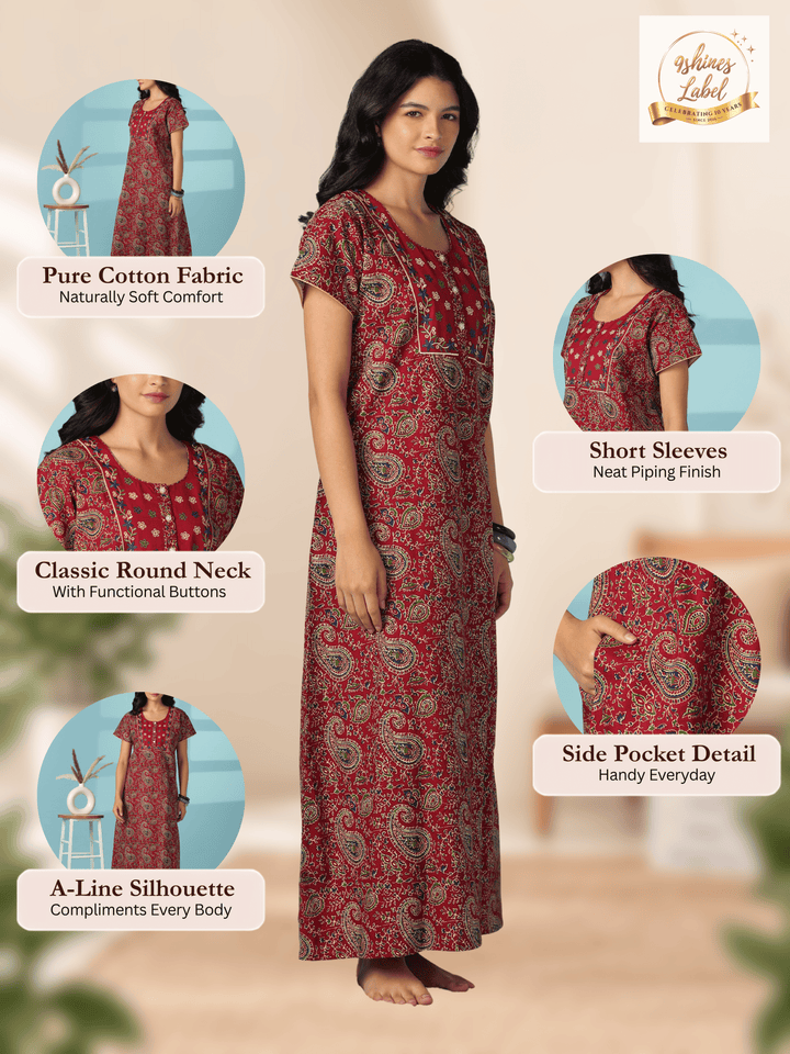 Red paisley print cotton nighty dress for women online