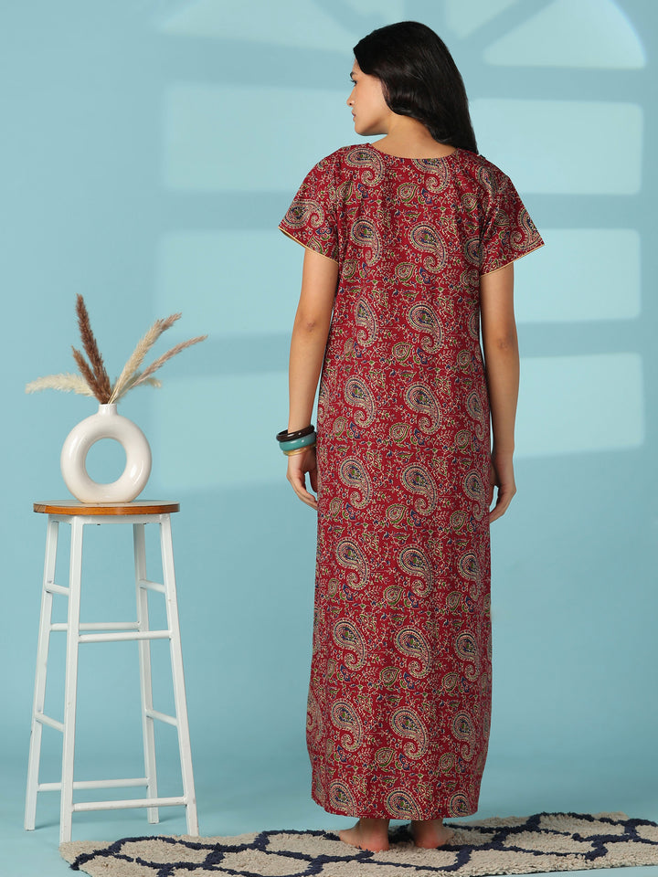 Red paisley print cotton nighty dress for women online