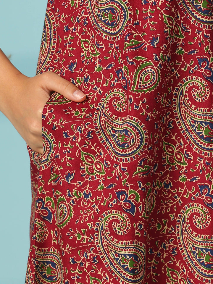 Red paisley print cotton nighty dress for women online