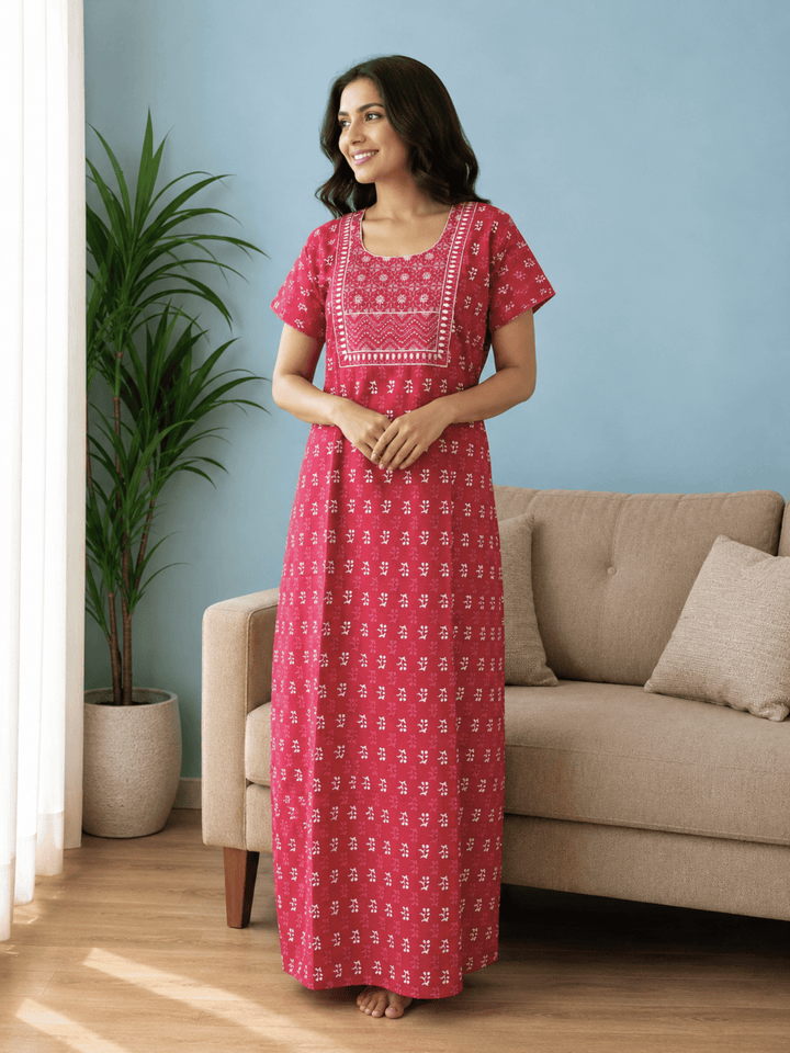 Red pure cotton floral nightydress for women online