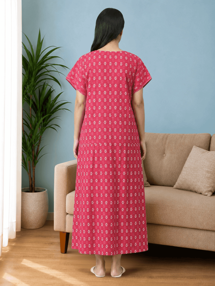 Red pure cotton floral nightydress for women online
