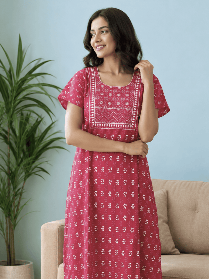 Red pure cotton floral nightydress for women online