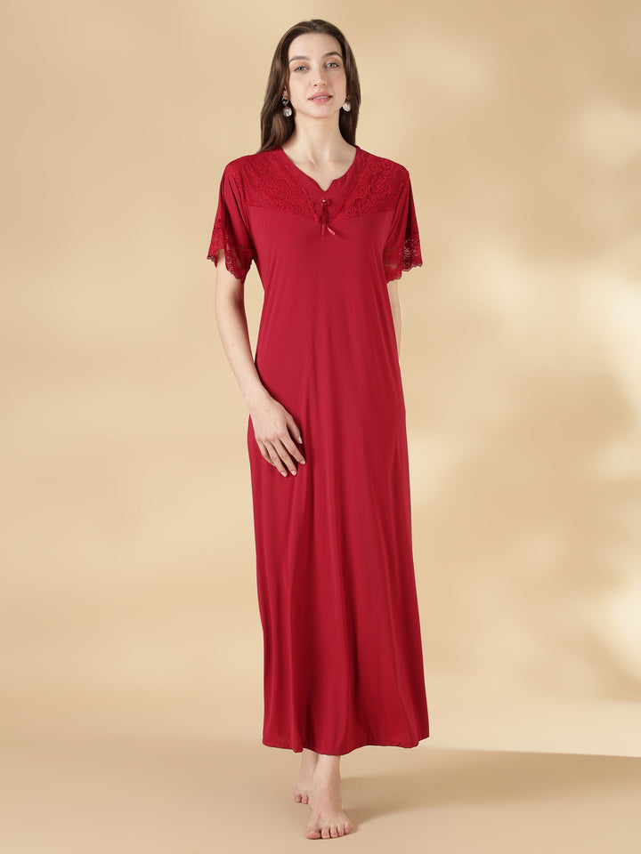 Premium malai red satin nighty for women with lace