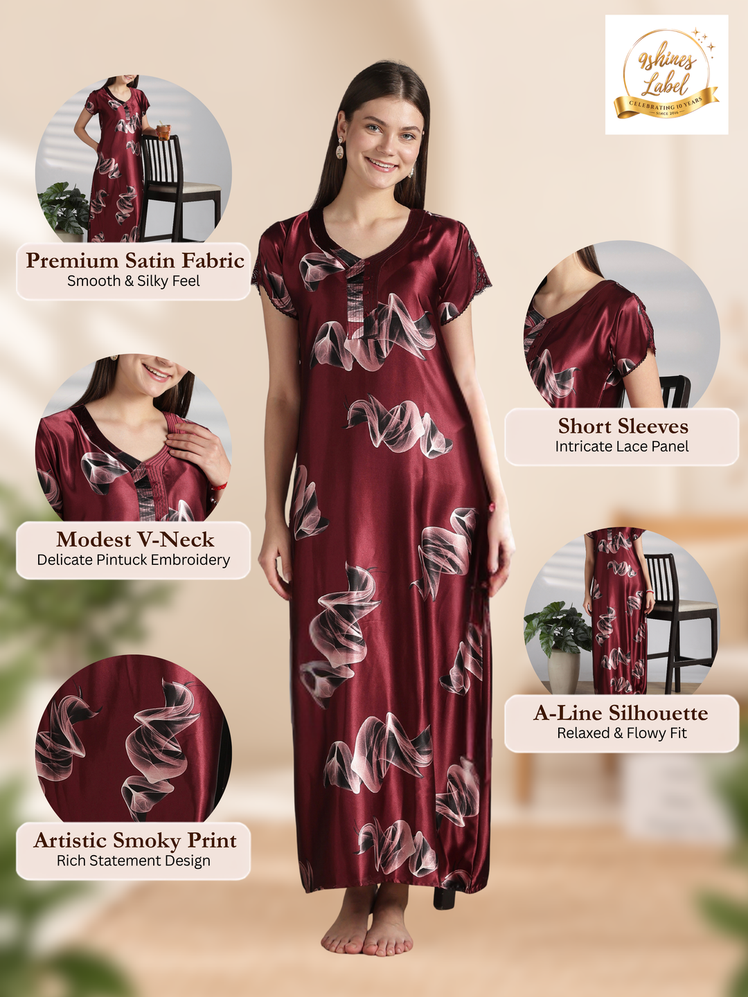 Premium satin nighty for women in smoky print online