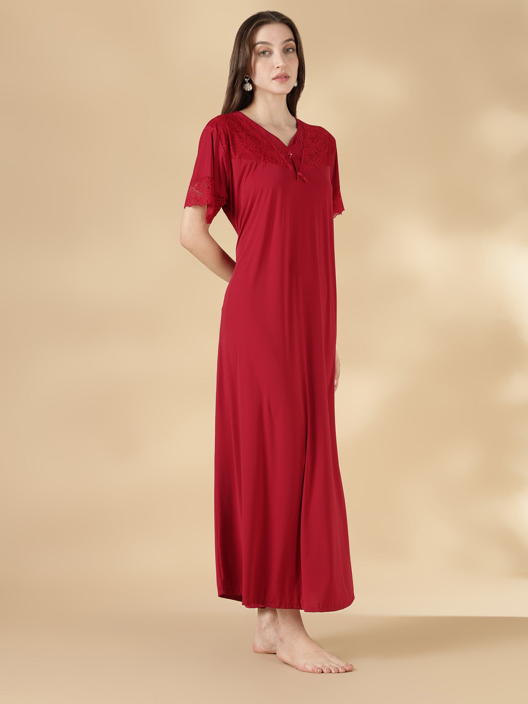 Premium malai red satin nighty for women with lace