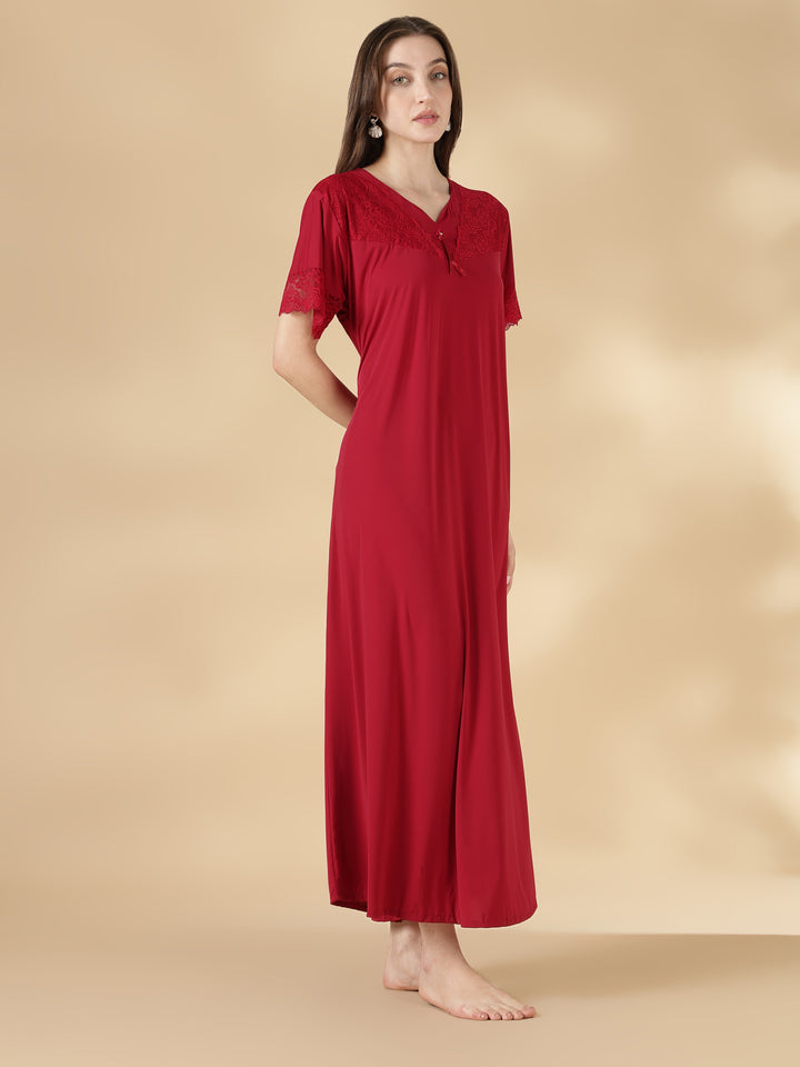 Premium malai red satin nighty for women with lace