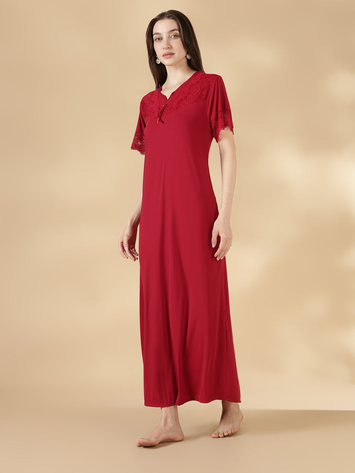 Premium malai red satin nighty for women with lace