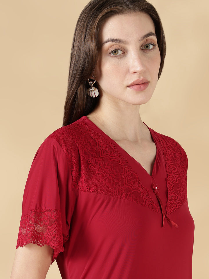 Premium malai red satin nighty for women with lace