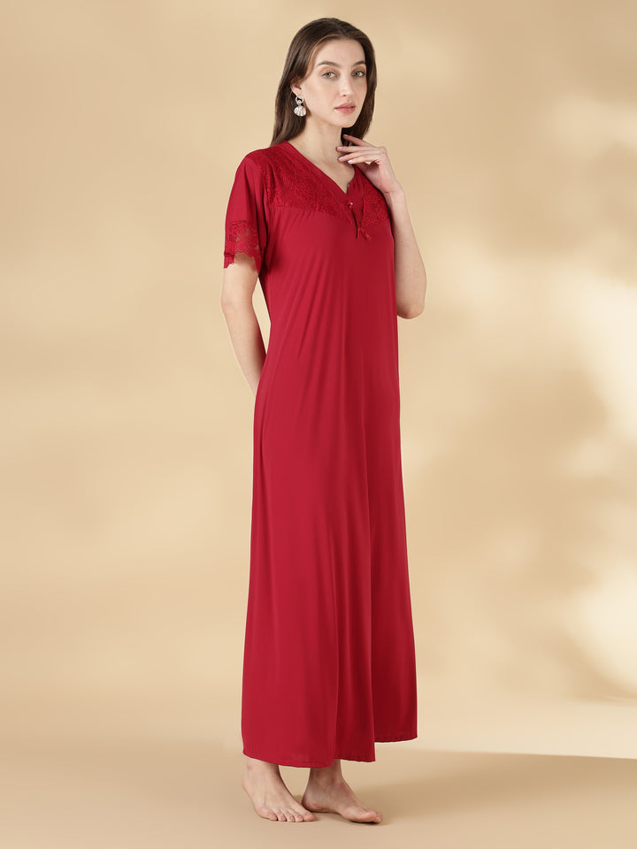 Premium malai red satin nighty for women with lace