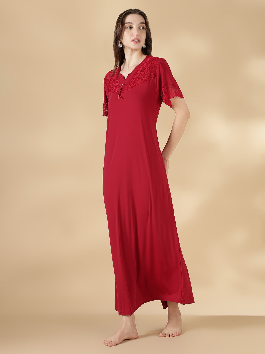 Premium malai red satin nighty for women with lace