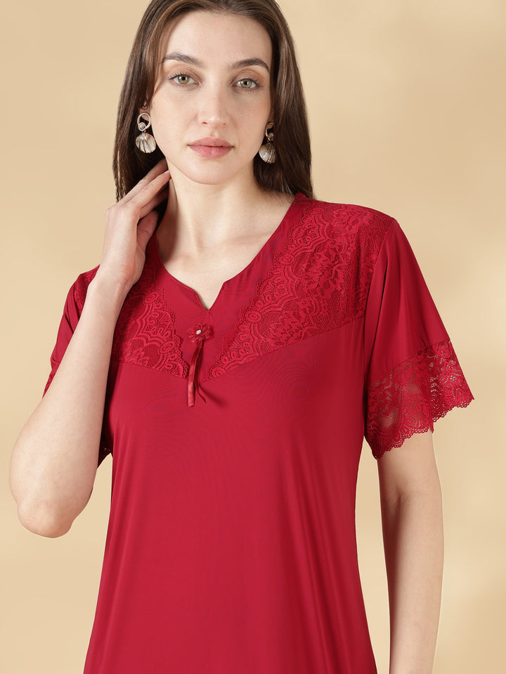 Premium malai red satin nighty for women with lace