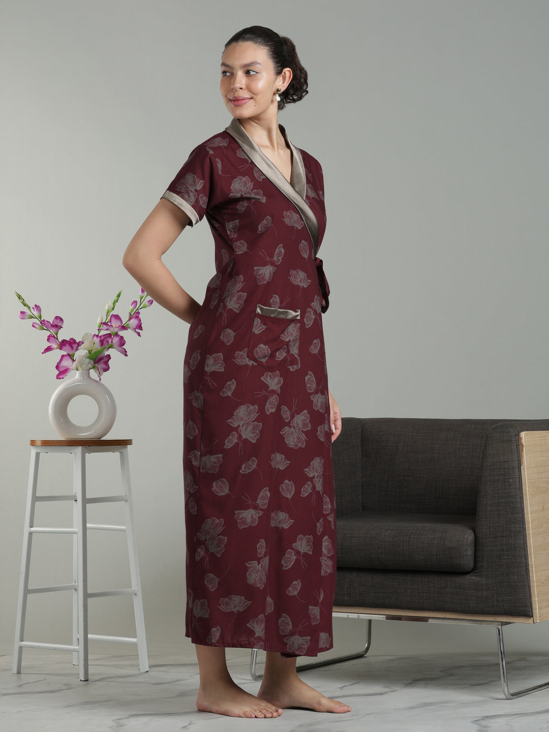 Red wine viscose blend premium housecoat for women