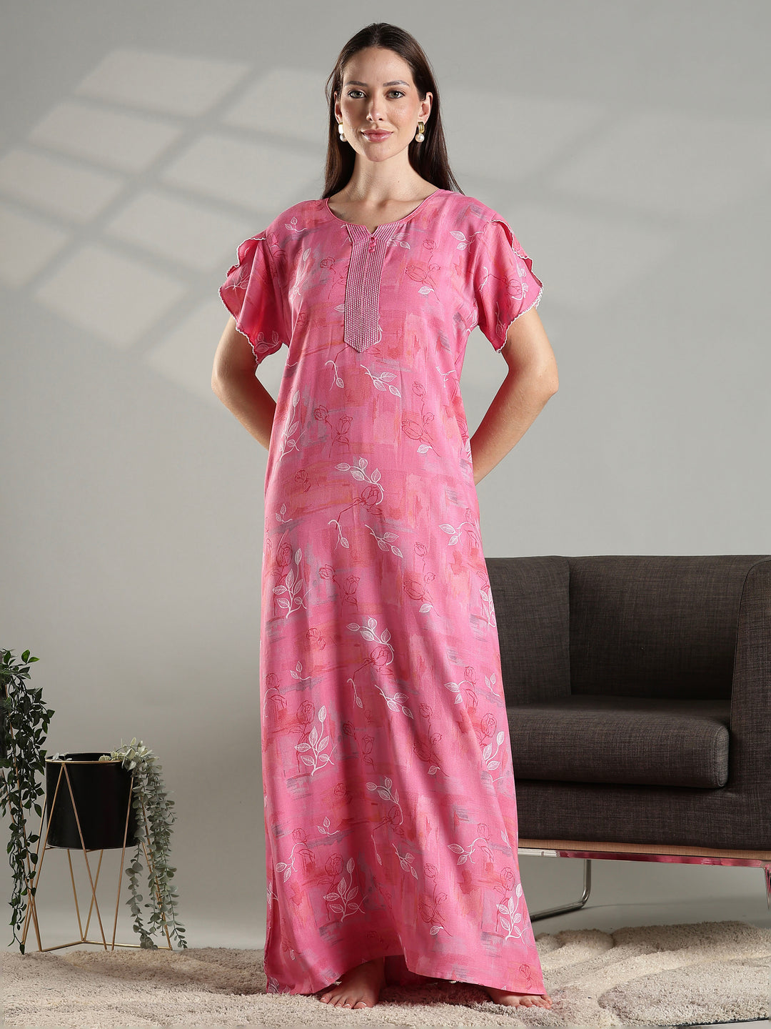 Soft pink floral alpine A-line nighty for women featuring a relaxed fit.