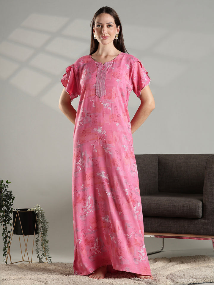 Soft pink floral alpine A-line nighty for women featuring a relaxed fit.